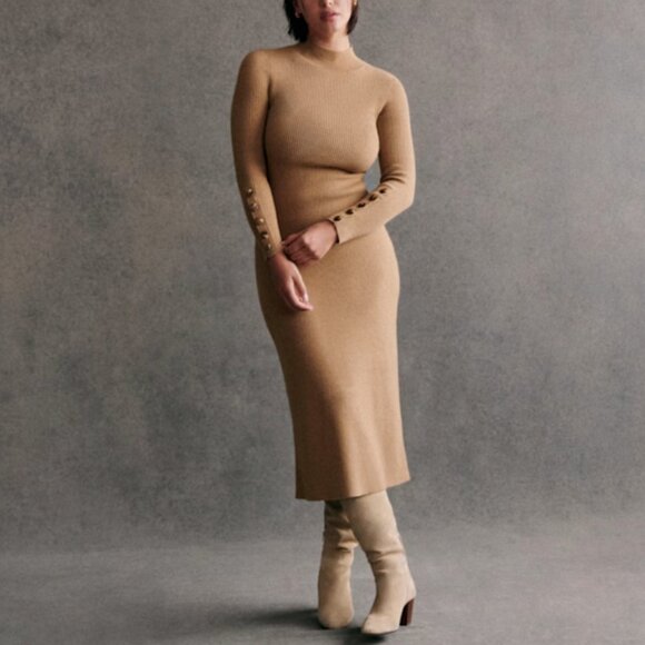 Sezane Hillary Midi Dress XSmall Camel Knit French Merino Wool Elegant Classic - Picture 2 of 13